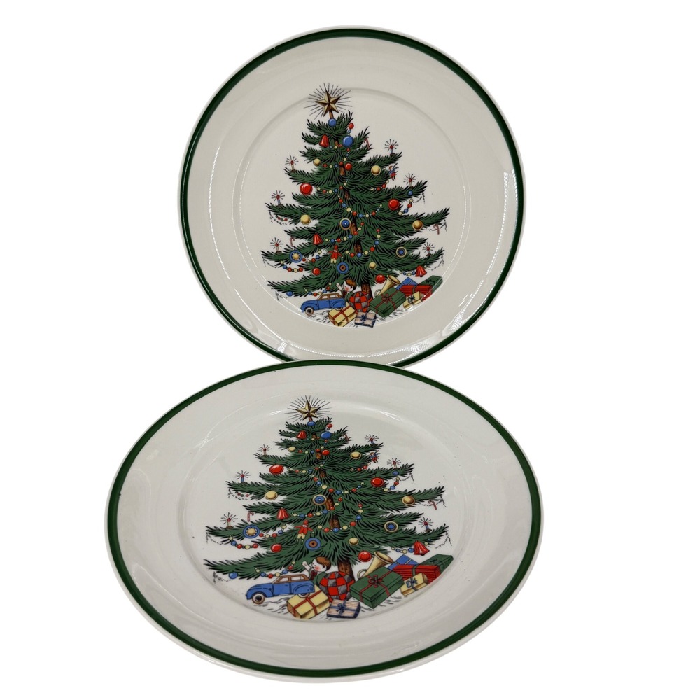 Bertson House Ltd Christmas Tree 2 Salad Plates 9 Inch White Green Rim